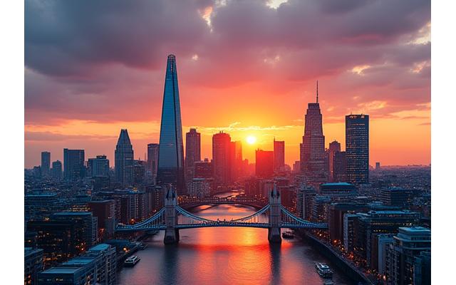 Modern London cityscape with iconic landmarks like The Shard and Gherkin at sunset.