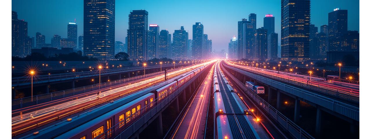 Modern urban transport network with bright lights and digital overlay
