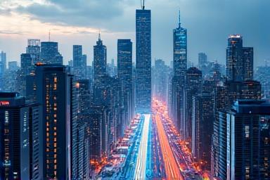Modern city skyline with overlaid smart city infrastructure lines